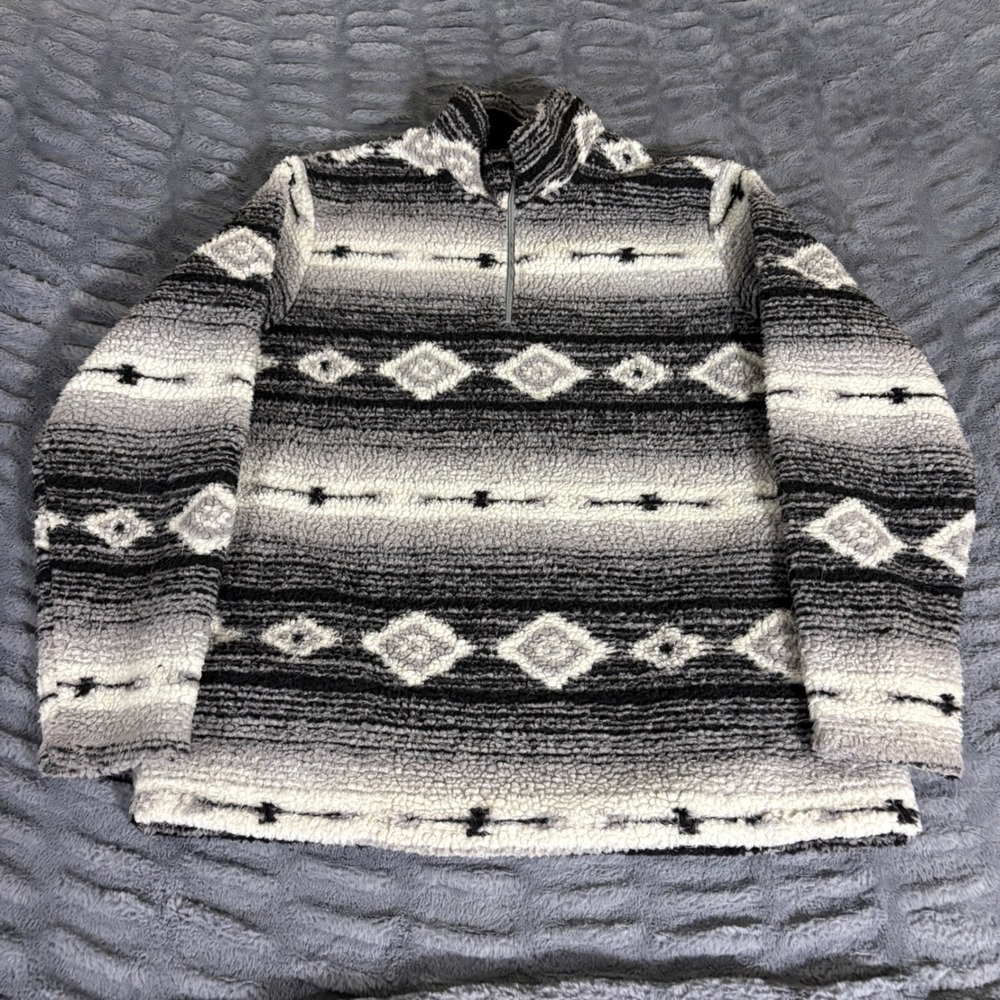 Wrangler Mens Southwestern Aztec Sherpa Fleece Quarter Zip Pullover Gray Black M